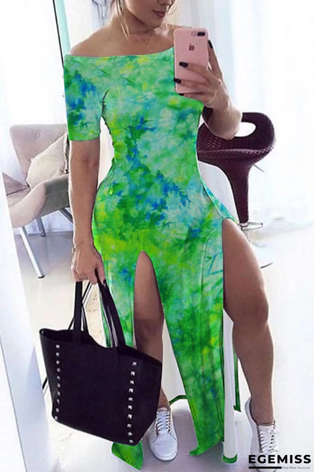 Green Sexy Fashion Print Short Sleeve Dress | EGEMISS