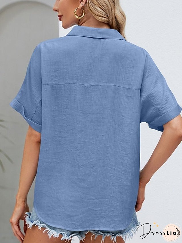 Blouse Pocket Loose Solid / Plain Color Basic Shirt Collar Roll Sleeves Summer Black White Pink Sky Blue for Women