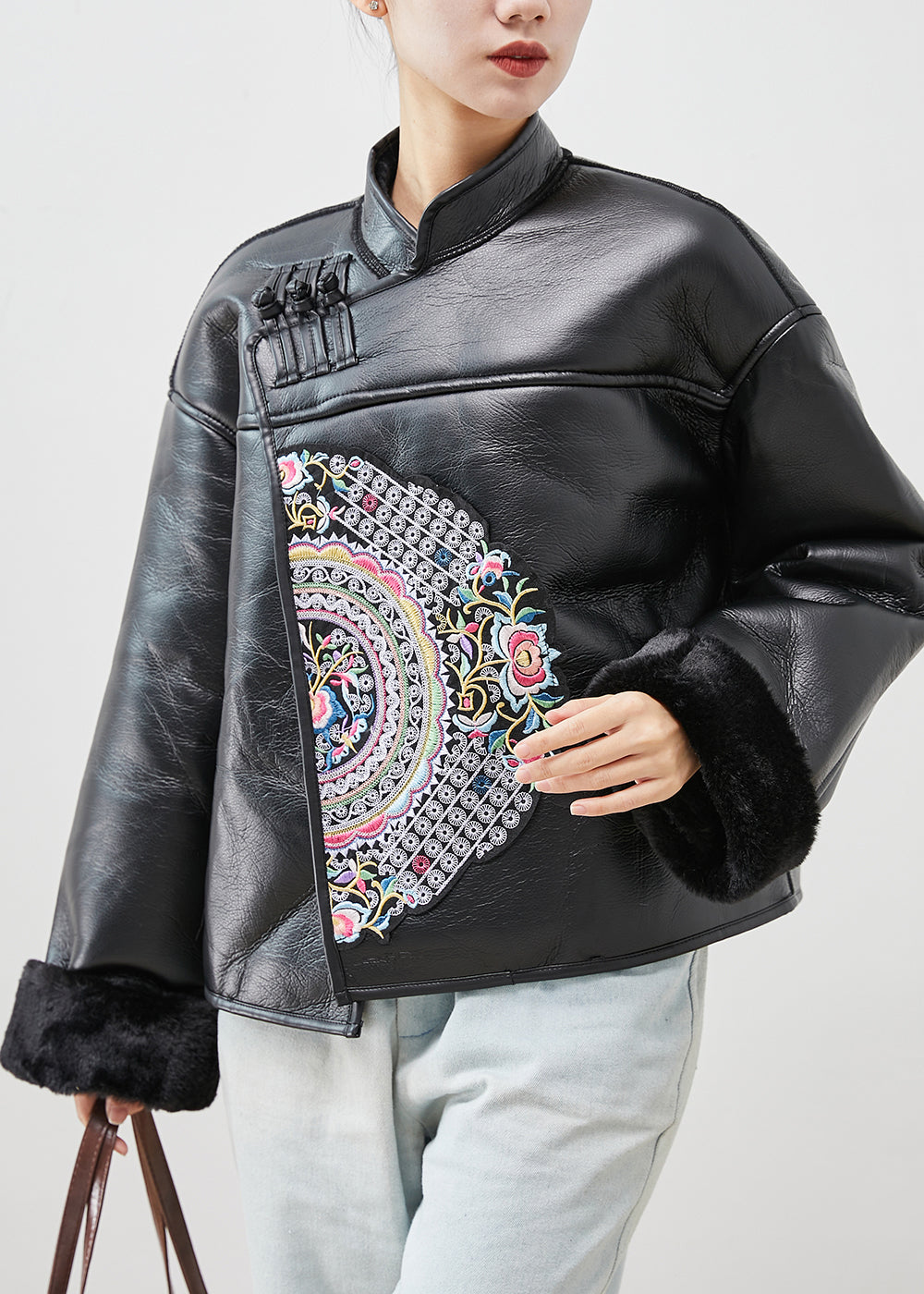VCSHOES Black Embroidered Warm Fleece Faux Leather Coat Winter
