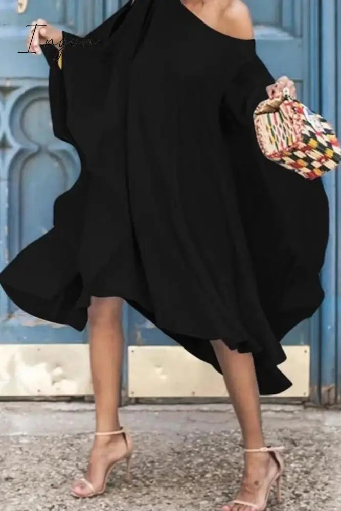 Ingvn - Casual Solid Hollowed Out Basic Asymmetrical Oblique Collar Dresses Black / One Size