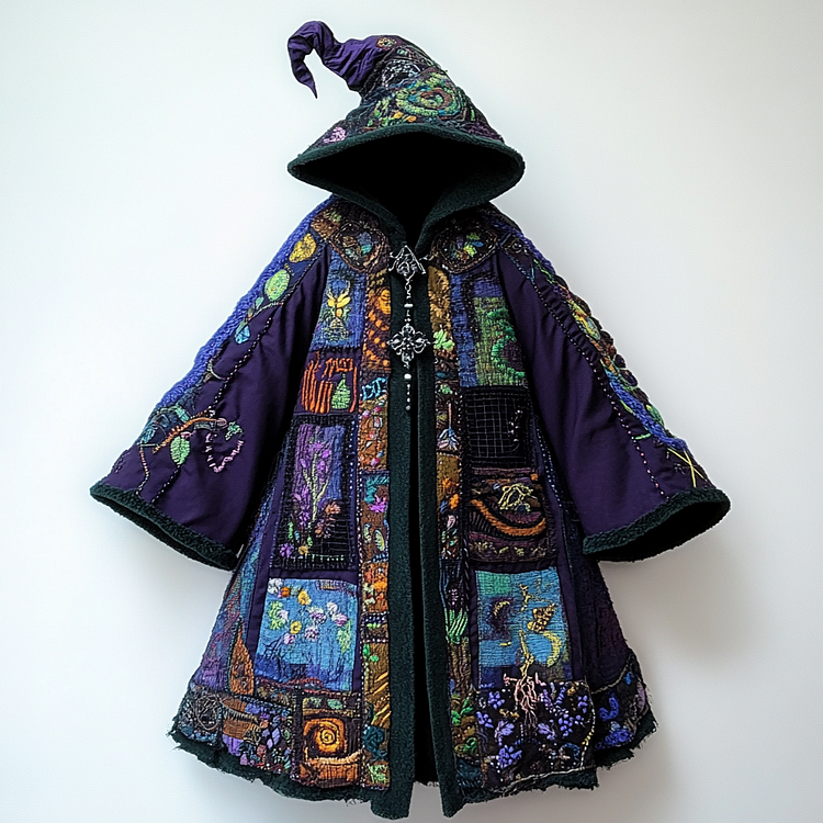 Ethnic print hooded disk-button robe f4ea