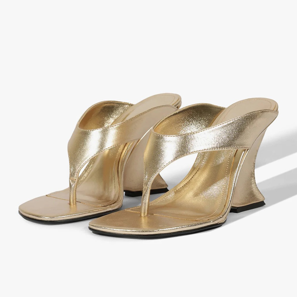 Gold Metallic Finish Open Toe Wedge Heel Slip-On Mules Sandals Nicepairs