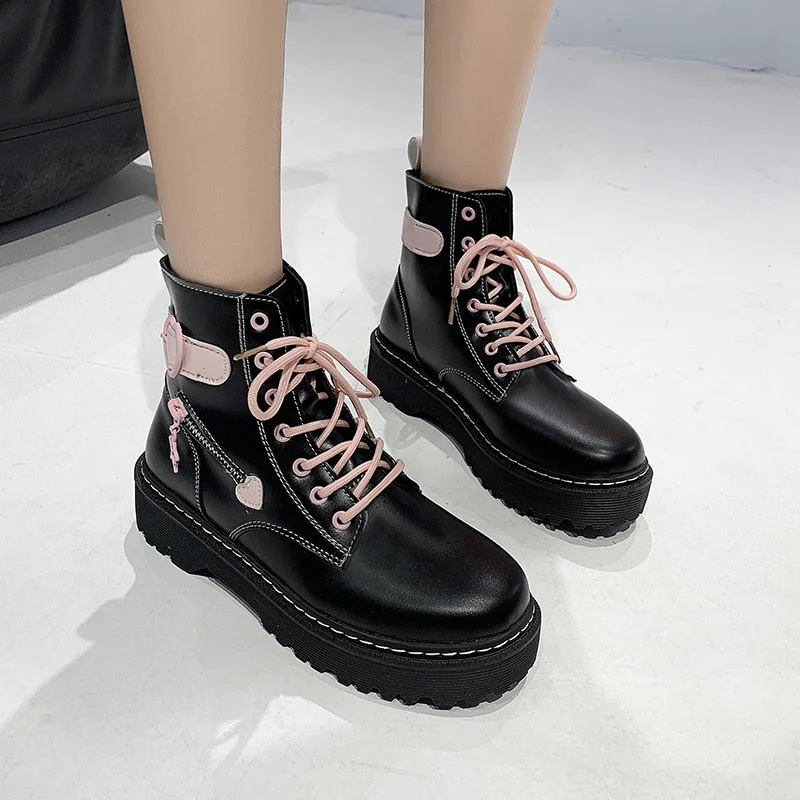 Lourdasprec New Martens Boots Women Sweet Heart Buckle Boots Women Combat Ankle Boots Lace Up  Black Biker Boots Women Leather Botas Mujer