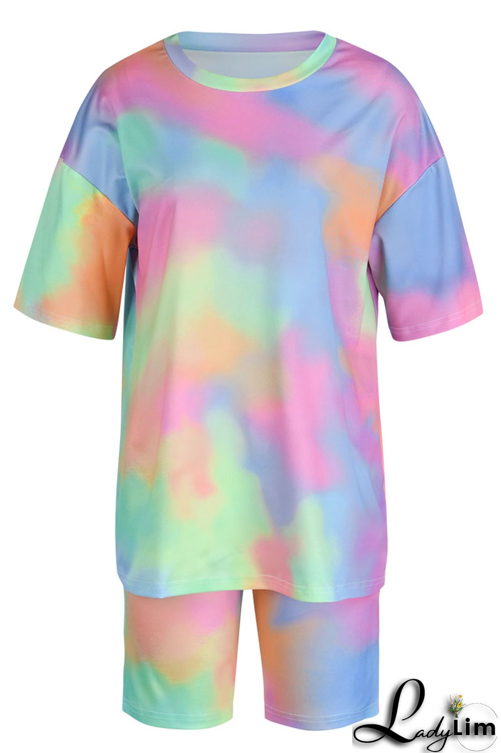 Light Blue Casual Print Patchwork O Neck Short Sleeve Two Pieces