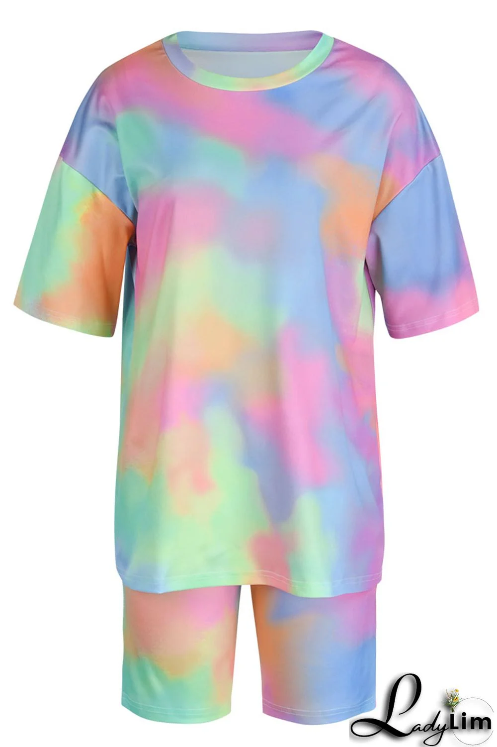 Light Blue Casual Print Patchwork O Neck Short Sleeve Two Pieces