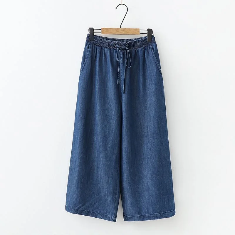 Woherb Women's Pants Summer Drawstring Wide-leg Pants Cotton Blue Calf-Length Jeans Pants Mom Elastic Waist Straight Pants Women