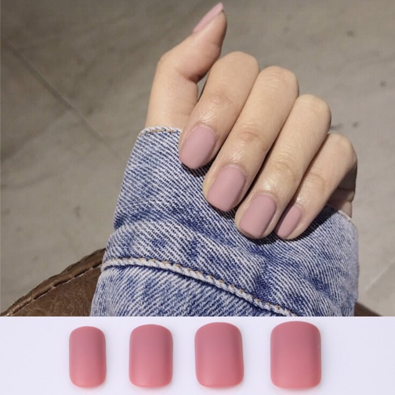 24pcs/set faux nails Accessories for women matte Pink False Nail with glue solid Color Short Square full cover press on nails