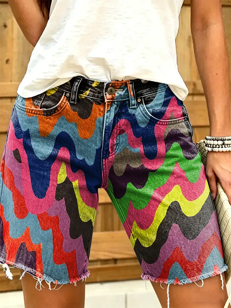 Women's Retro Hippie Abstract Pattern Art Print Fashion Denim Shorts
