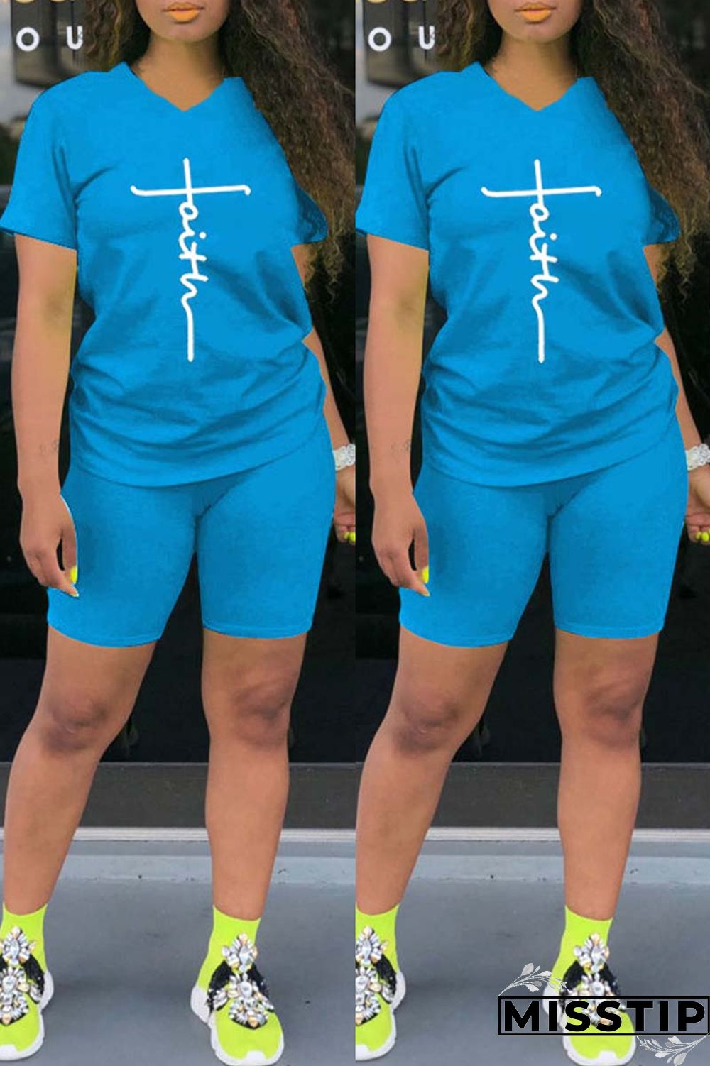 Black Casual Print Basic V Neck Short Sleeve Two Pieces