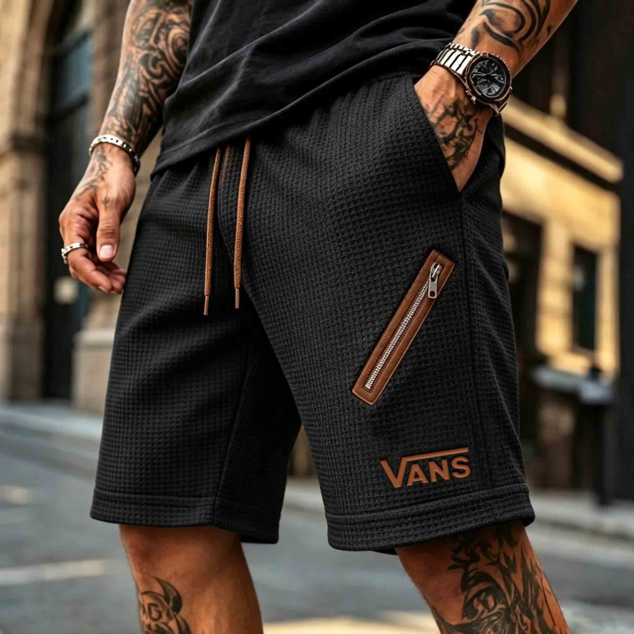 Men's Vintage Waffle Knit Surfing Beach Zipper Pocket Shorts