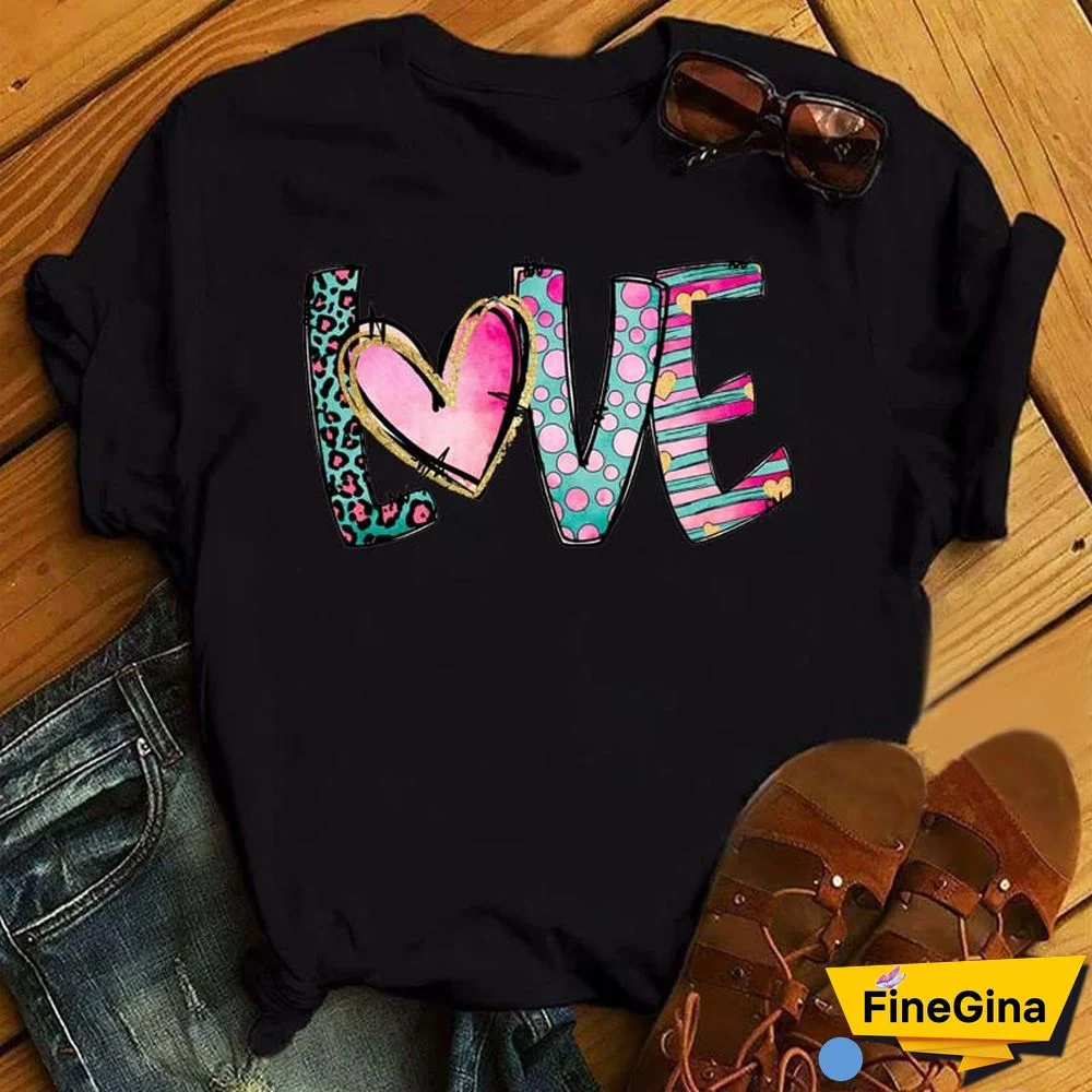 Maycaur Fashion Women T Shirt Love Heart Printed T Shirt Casual Red Tops 90s Valentine's Shirt Female Harajuku Graphic Tshirt