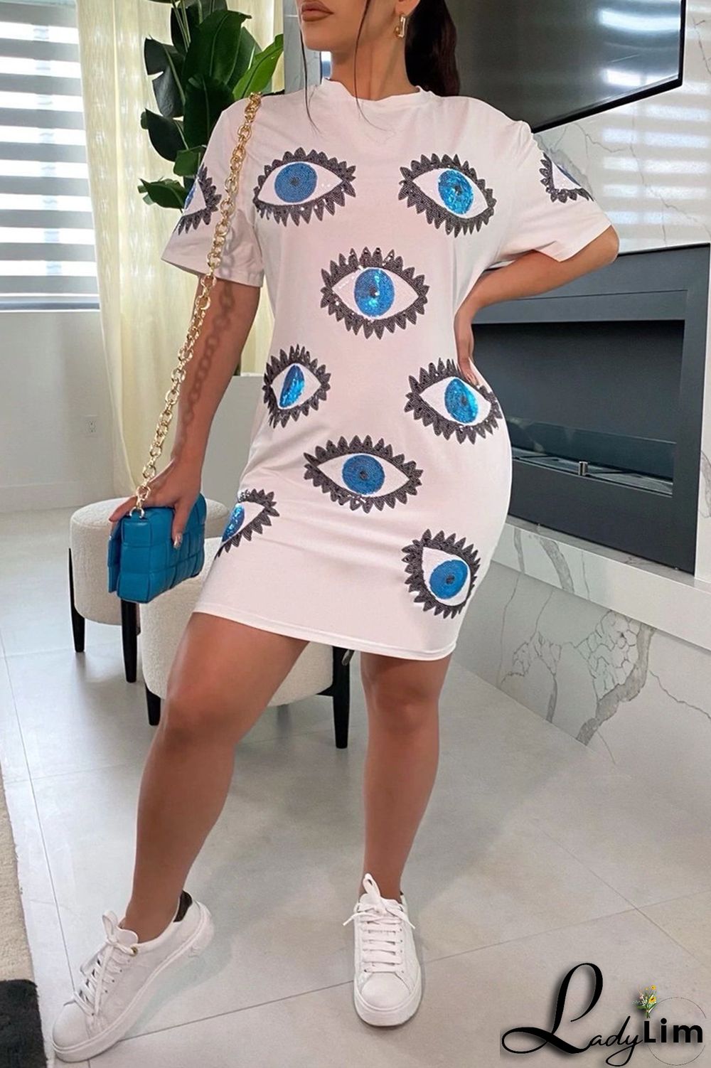 Rose Red Fashion Casual Patchwork Sequins O Neck T-shirt Dress