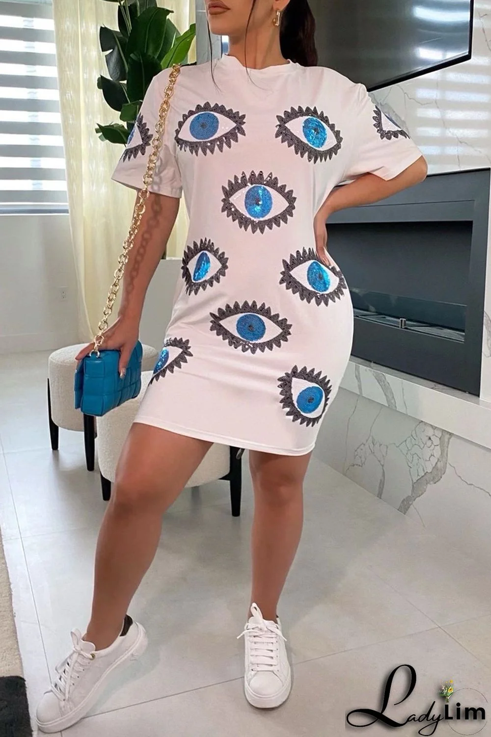 Rose Red Fashion Casual Patchwork Sequins O Neck T-shirt Dress