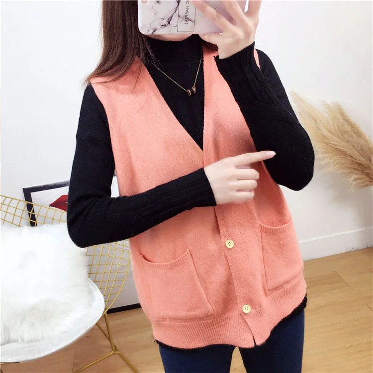 Sweater Vests Women Solid Single Breasted Loose Students Colorful Pockets Korean Female Trendy Sleeveless Chic All-match New Ins