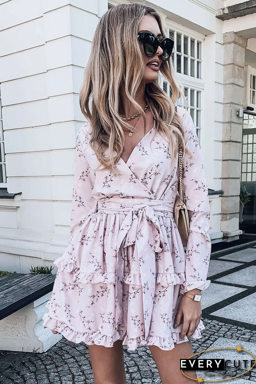 Pink Floral Print Ruffle Hemline Wrap Mini Dress