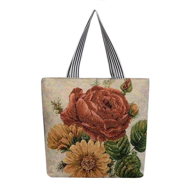 Unisex Vintage Style Cat Flower Canvas Shopping Bags