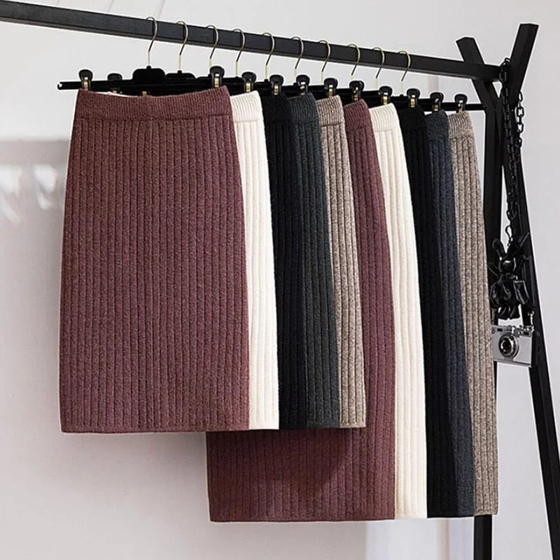 2020 Women's Spring Pencil Knitted Skirt High Waist Warm Elegant Knitting Ribbed Party Skirt Black Solid Ladies Office Skirts