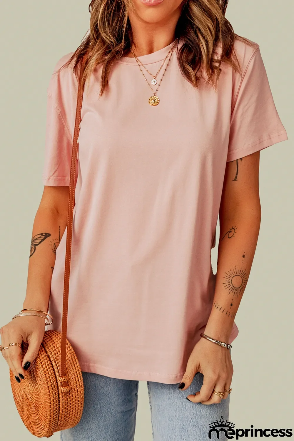 Pink Plain Crew Neck Short Sleeve Tee