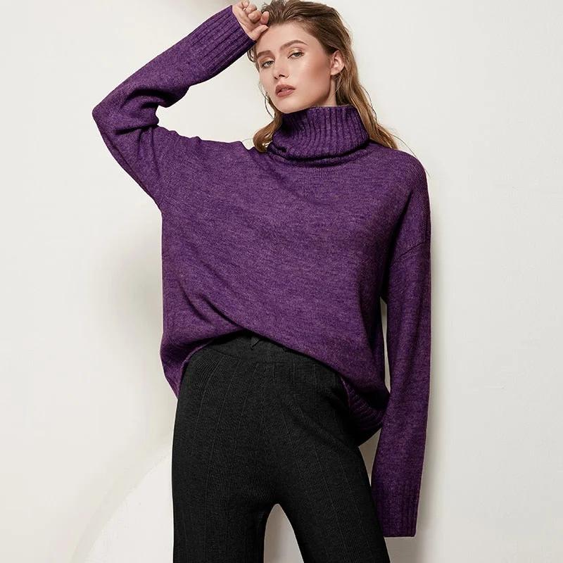 Aachoae Women Autumn Winter Knitted Turtleneck Cashmere Sweater Female Spring Autumn Pullover Jumper Sweaters Casual Loose Tops