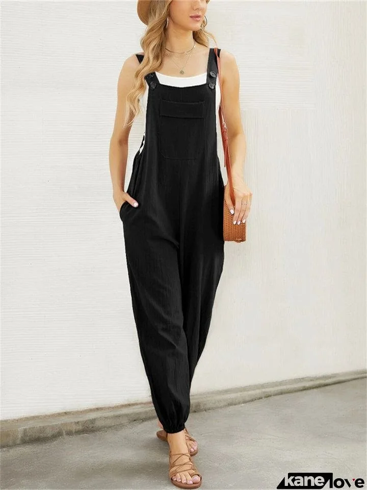 Women's Solid Color Button Ankle-tied Sleeveless Jumpsuits