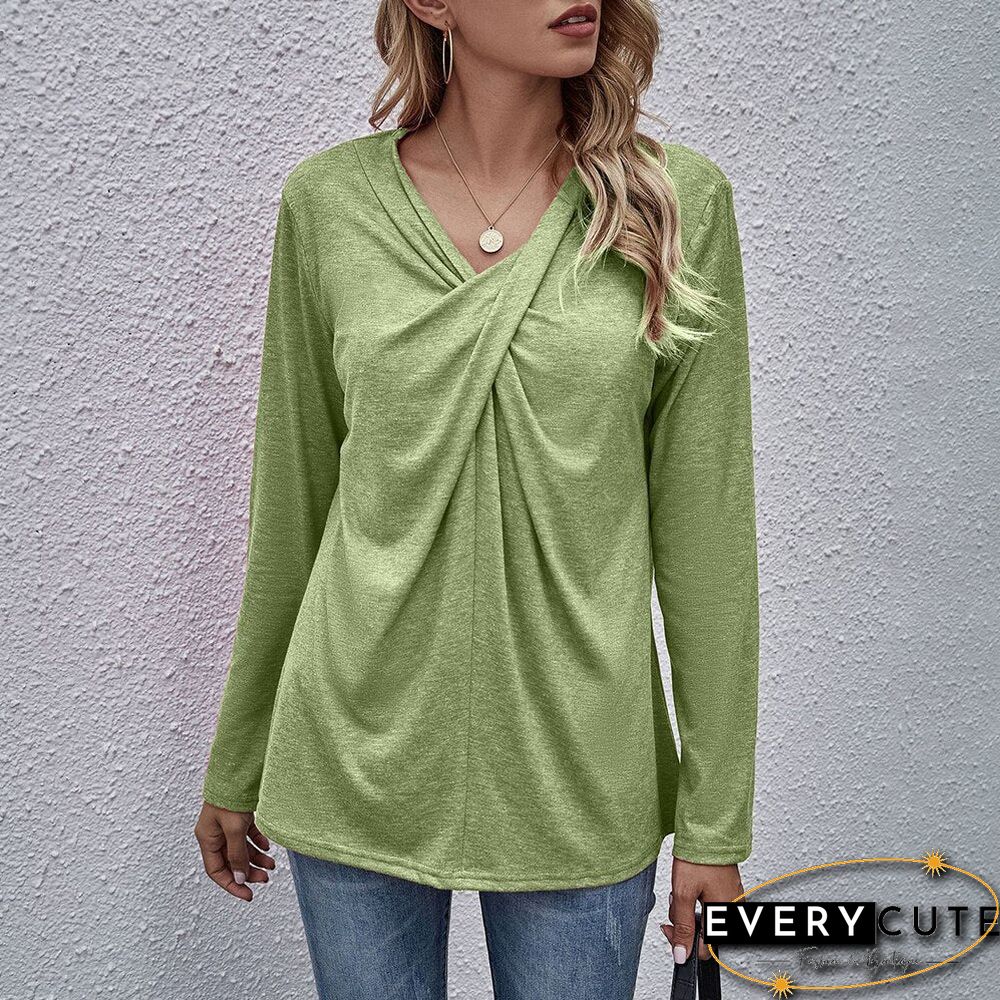 Autumn Spring Tops Women Casual Long Sleeve Cross Neck T-Shirts Fashion Female Stitching Tees Loose Pullover Solid Tops