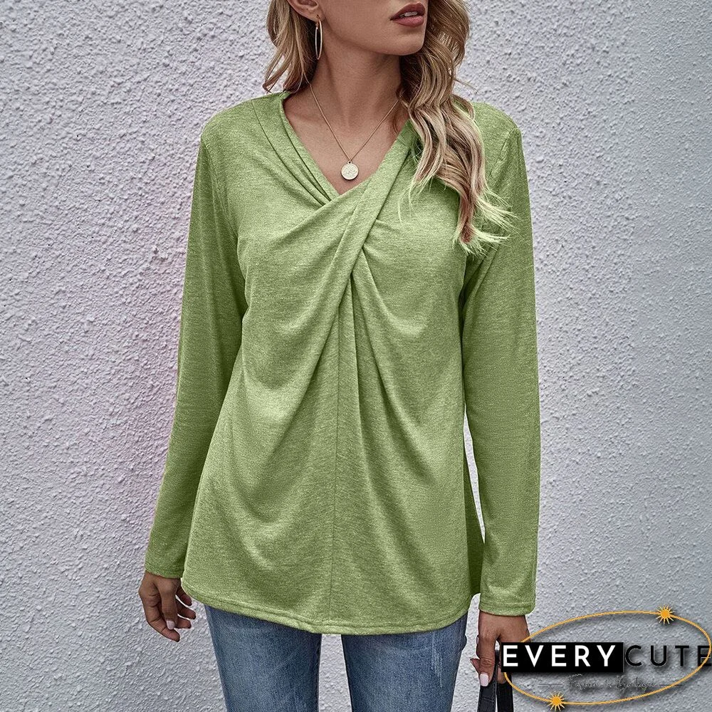Autumn Spring Tops Women Casual Long Sleeve Cross Neck T-Shirts Fashion Female Stitching Tees Loose Pullover Solid Tops