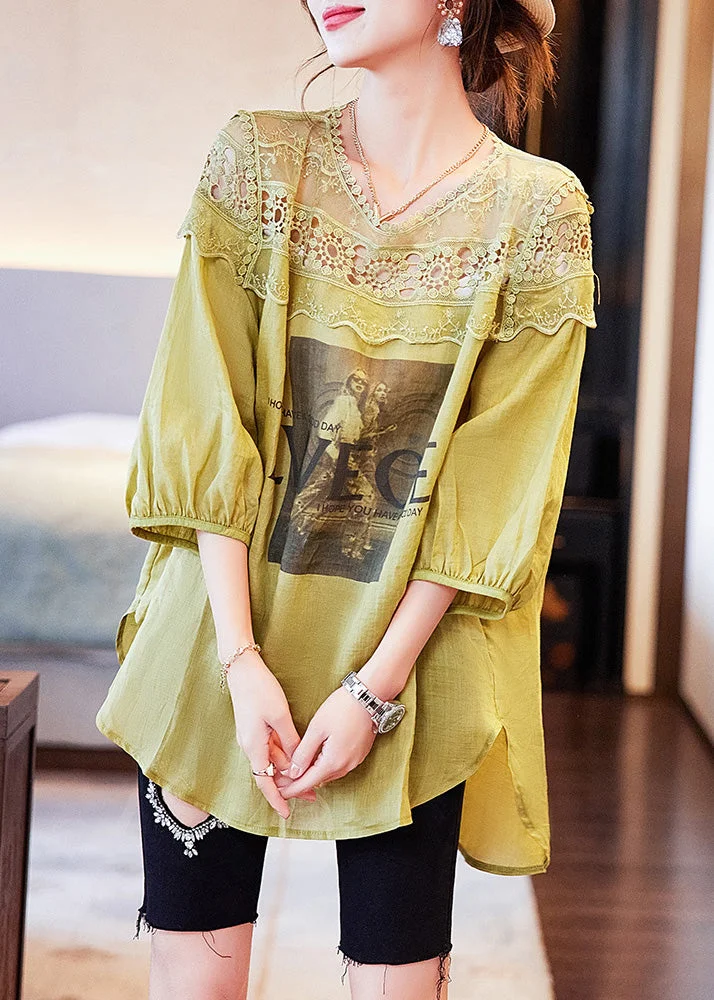 Loose Mustard Print Hollow Out Linen Tops Summer