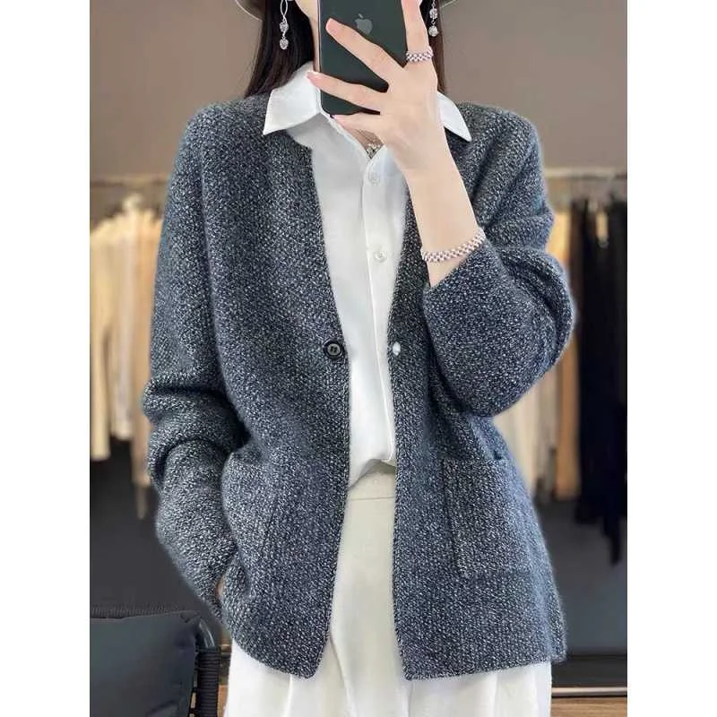 Toloer Autumn And Winter New Cashmere Cardigan Female V Collar Loose Solid Color Thick Jacket Lazy Wind Wool Knit Sweater Coat-Outfit Ideas