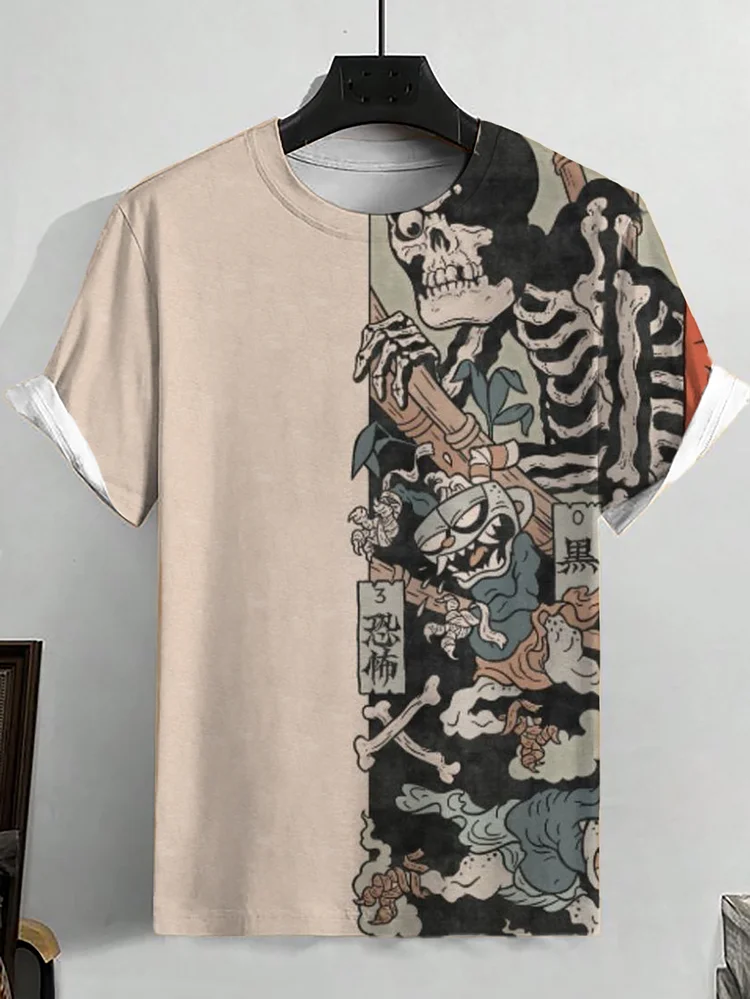 Men's Retro Japanese Skull Skeleton Art Print T-Shirt