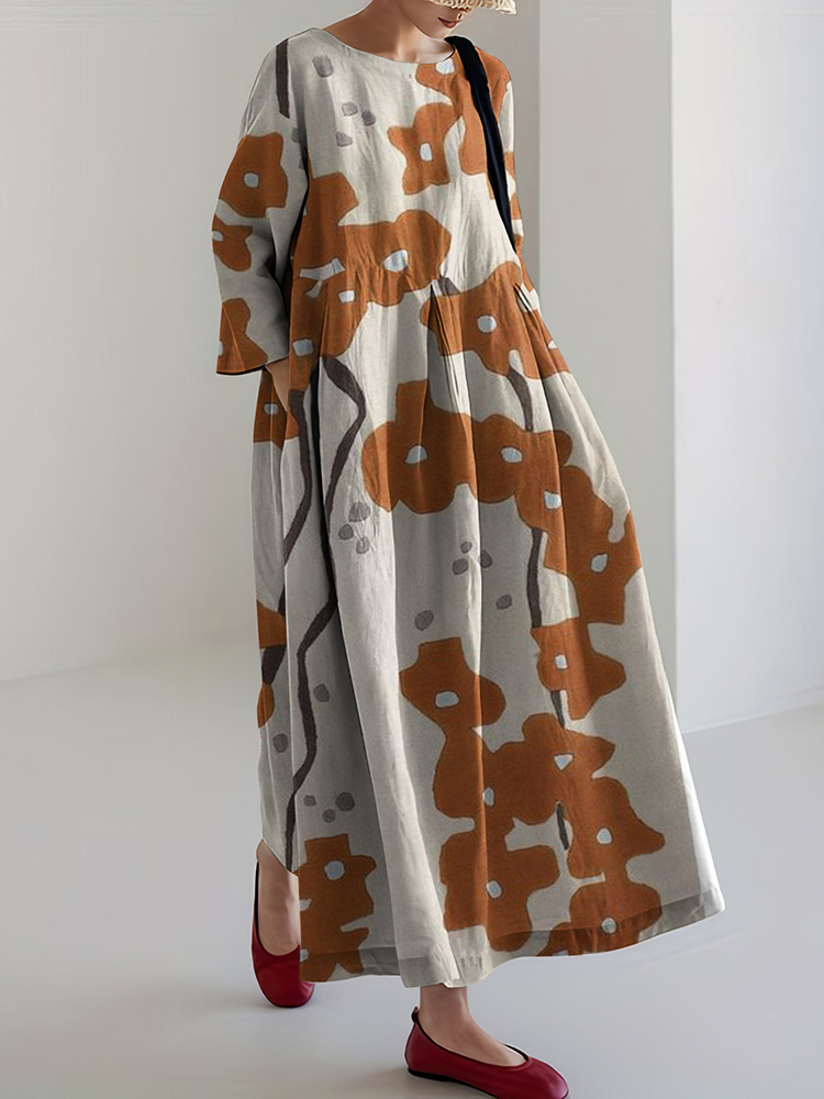 Comstylish Japanese Art Sakura Print Round Neck Loose Midi Dress