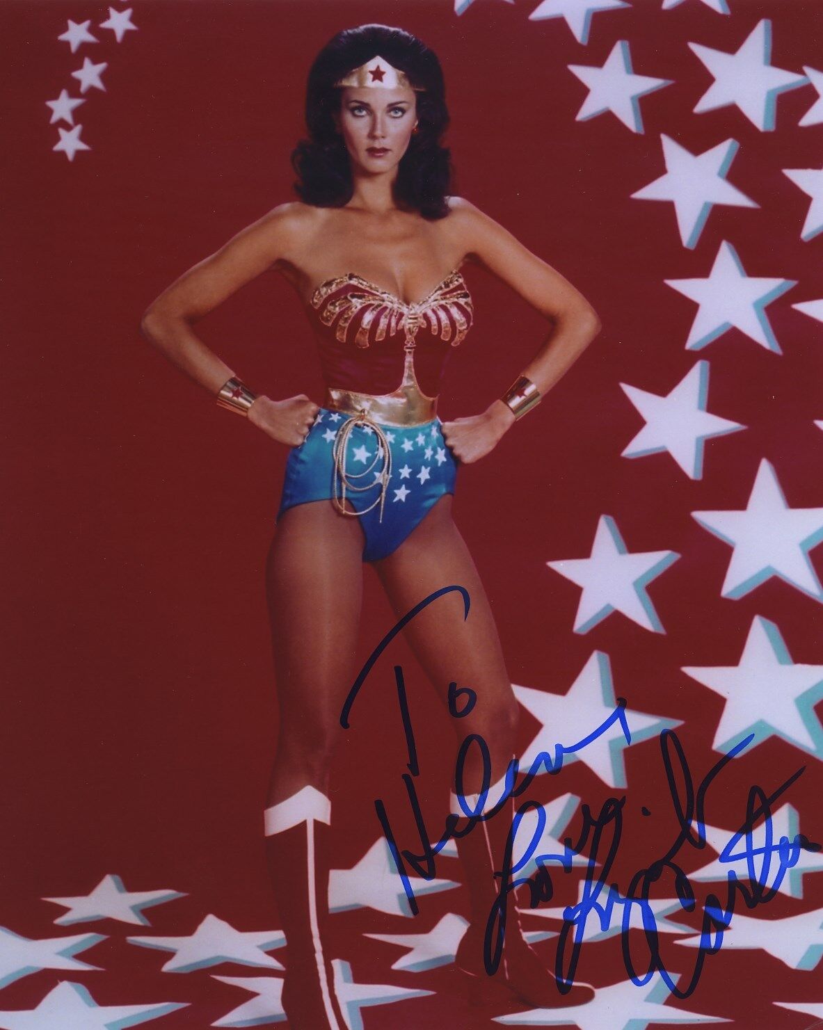 LYNDA CARTER SIGNED AUTOGRAPHED WONDERWOMAN COLOR Photo Poster painting WOW!! TO HELEN!