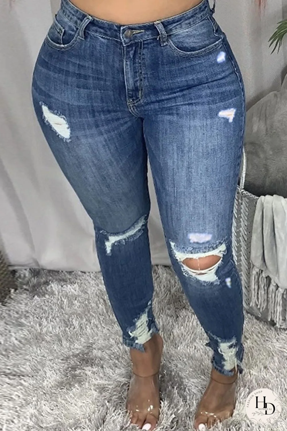 Dark Blue Fashion Casual Solid Ripped Plus Size Jeans