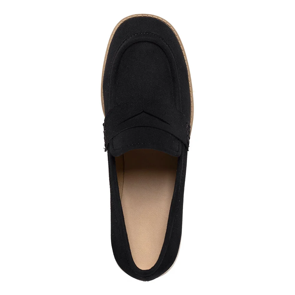 Classic Black Faux Suede Round Toe Block Heel Women's Loafers