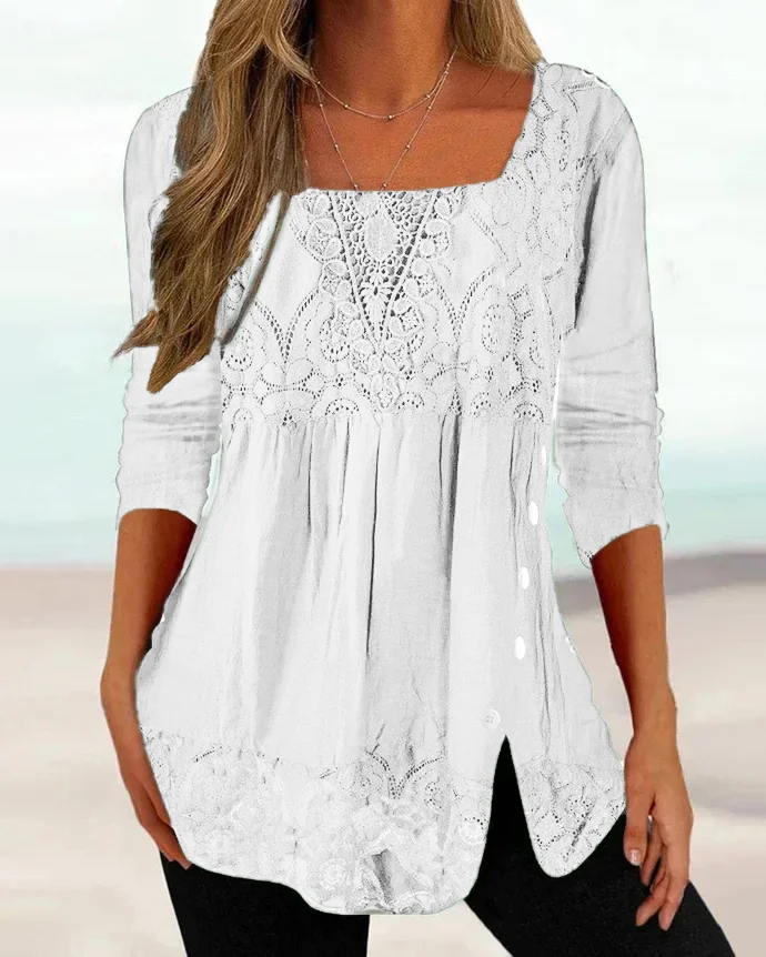 Casual Square Neck Long Sleeve Plain Lace Top