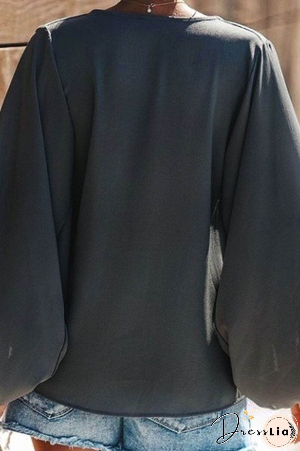 Plain V-neck Chiffon Blouse With Lantern Sleeves