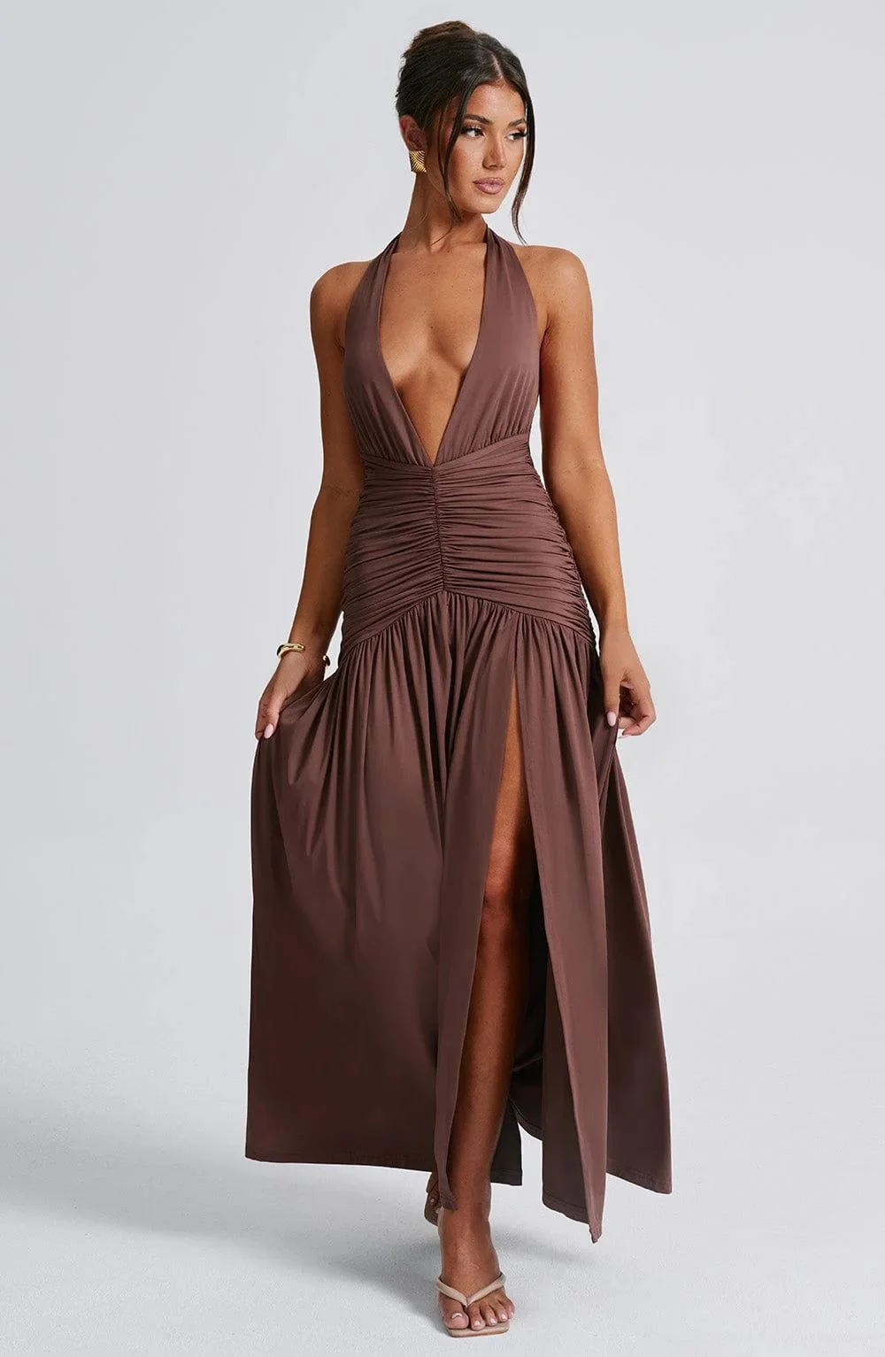 Uveng Uveng Ins Dress Spring And Summer Sexy Hot Girl Tie V Neck Tie Open Back Slit Stylish Temperament Dress