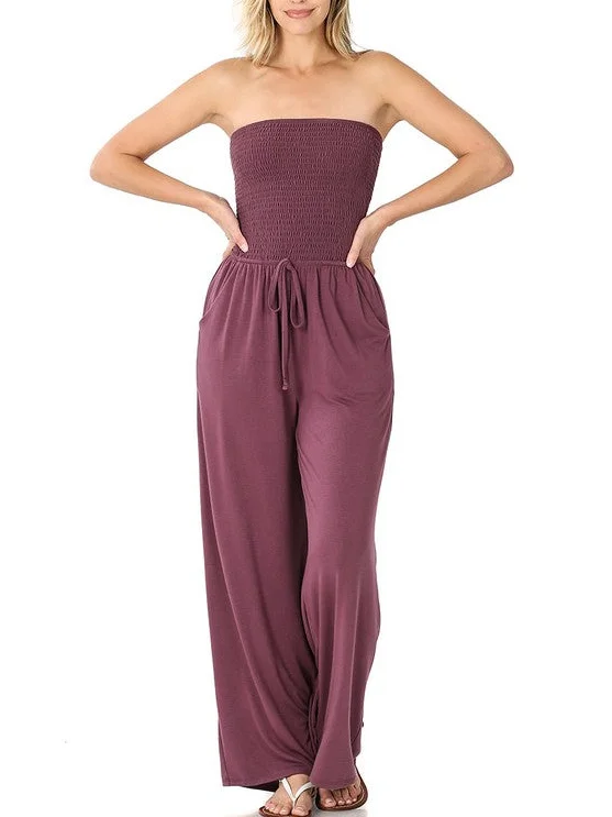 Off Shoulder Solid Color Smocked Jumpsuit