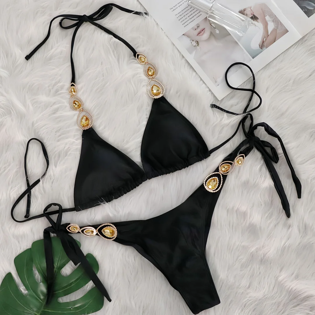 Uveng Uveng New Sexy Bikini Set Luxury Crystal Diamond Straps Female Swimwear Beach Holiday Swwear