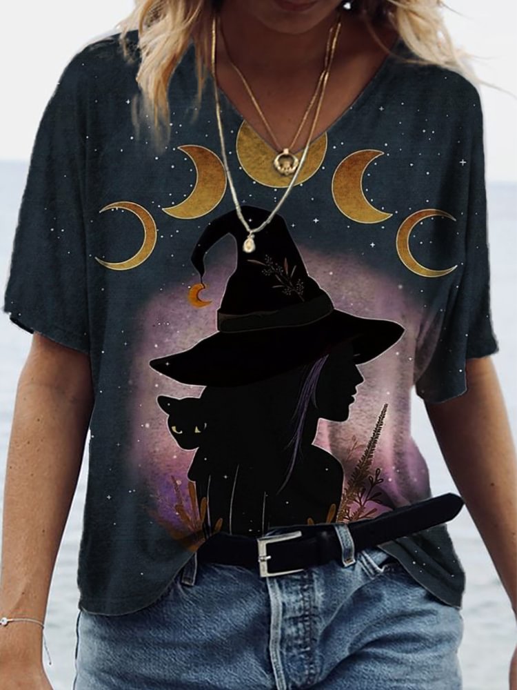 Mystical Moon Phase & Witch Art V Neck T Shirt