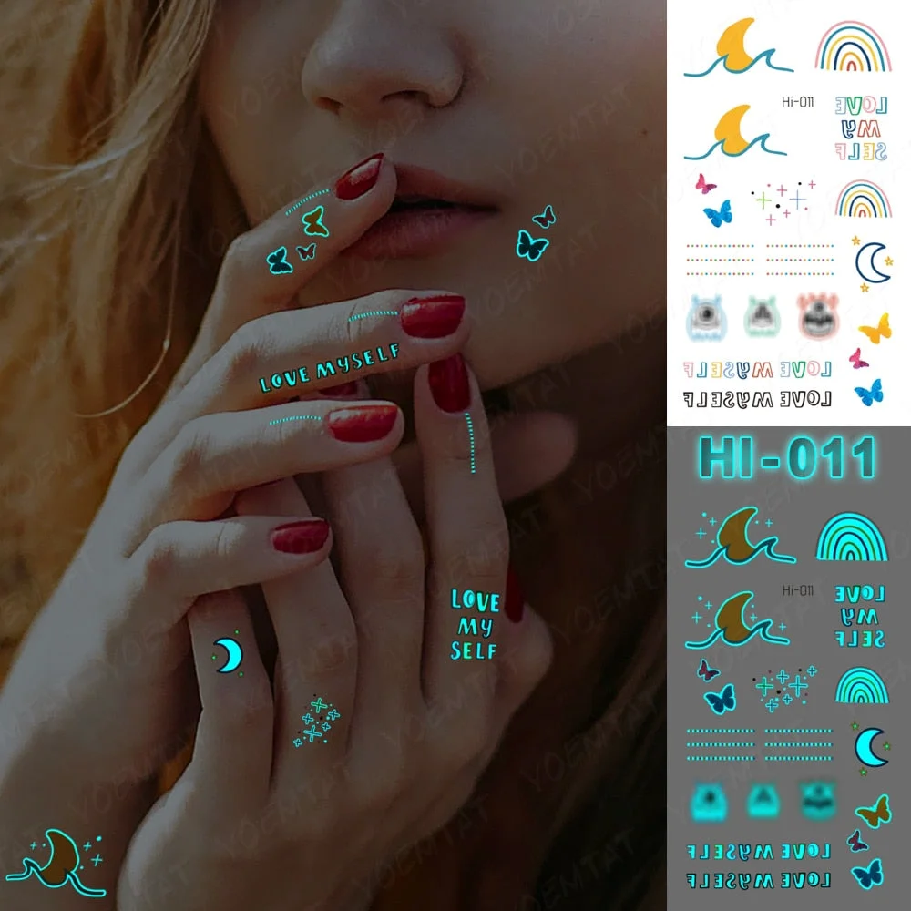 Blue Luminous Glow Tattoo Sticker Mountain Moon Waterproof Temporary Tatoo Nature Forest Sea Fake Tatto For Body Art Women Men