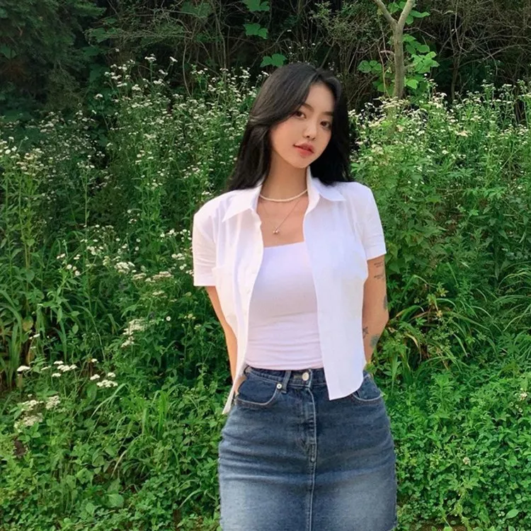 Brownm Brownm Summer Pure Desire To Collect Waist Sexy Hot Girl Shirt Short Sleeve Chic Top White Short Style Slim Shirt Female Tide