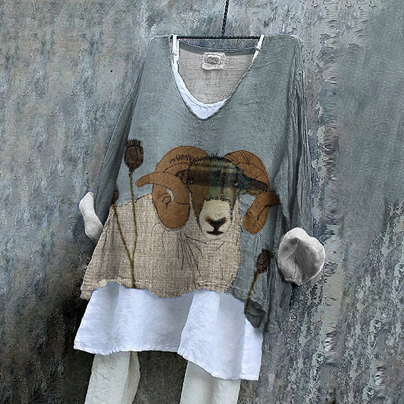 Comstylish Sheep Art Print V-Neck Loose Blouse