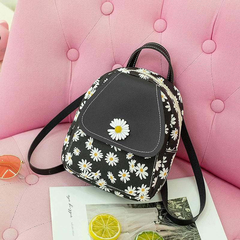 Women’s Small Pu Leather Daisy Cute Streetwear Square Zipper Zipper Backpack