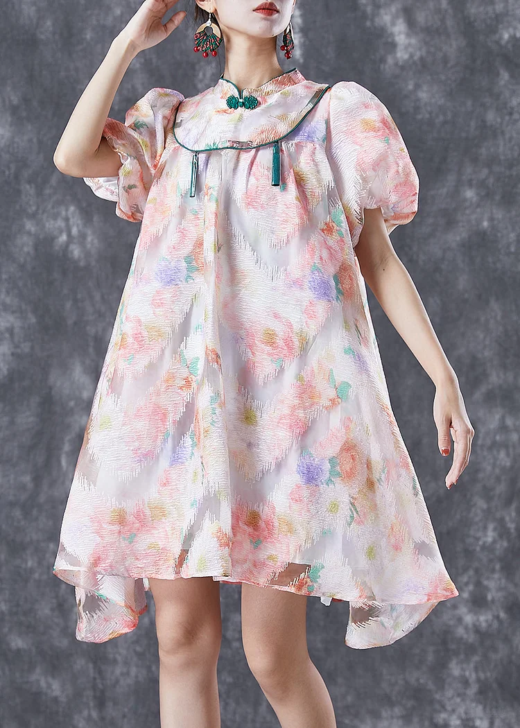 Chinese Style Pink Mandarin Collar Print Silk A Line Dress Puff Sleeve