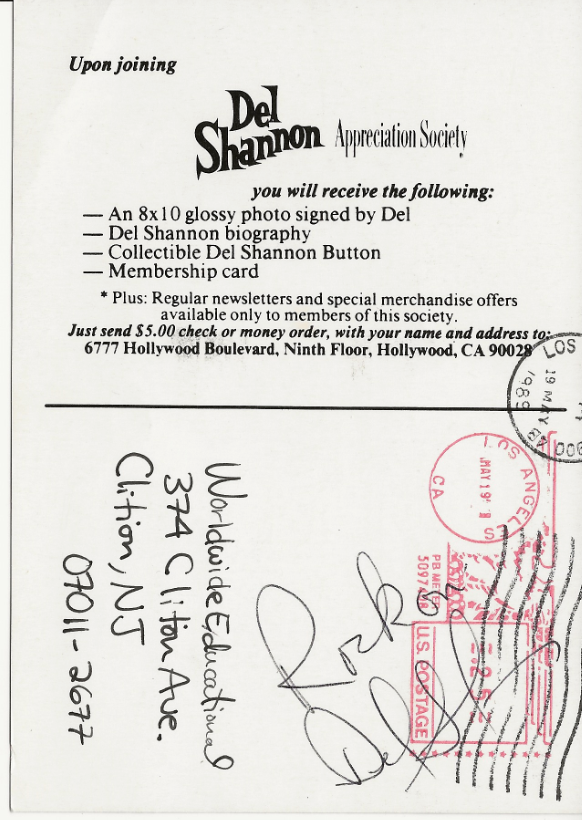 DEL SHANNON Signed Postcard ROCK AND ROLL COUNTRY MUSICIAN Runaway Singer COA 11