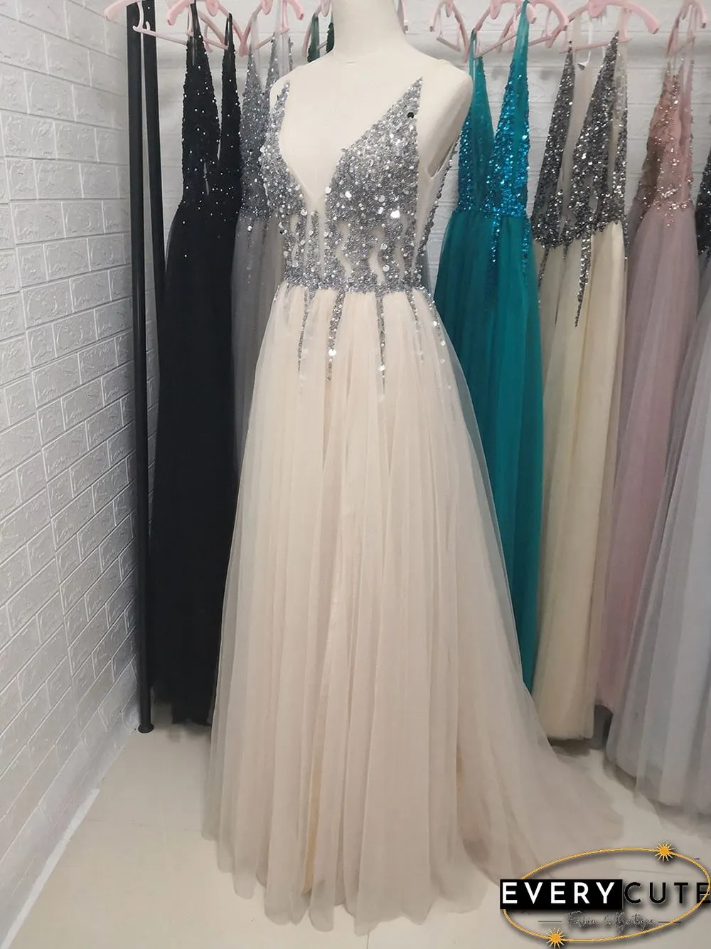 Light Gray Prom Dress Long Neck High Split Tulle Sweep Train Evening Gown A-Line Backless