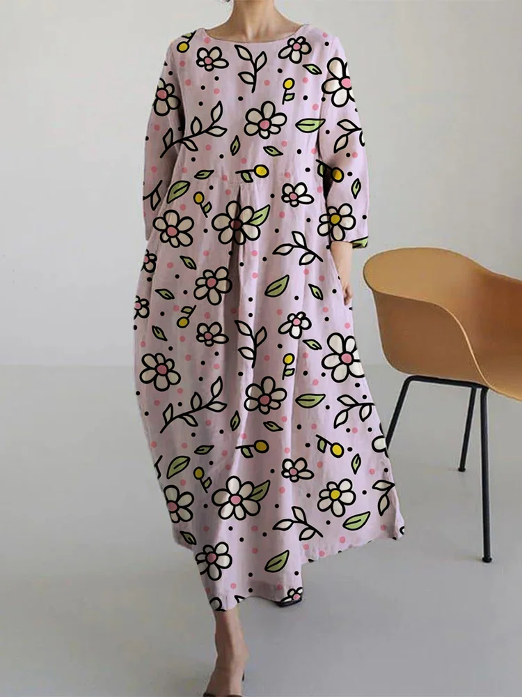Women's Casual Cute Flory Print Long Sleeve Midi Dress