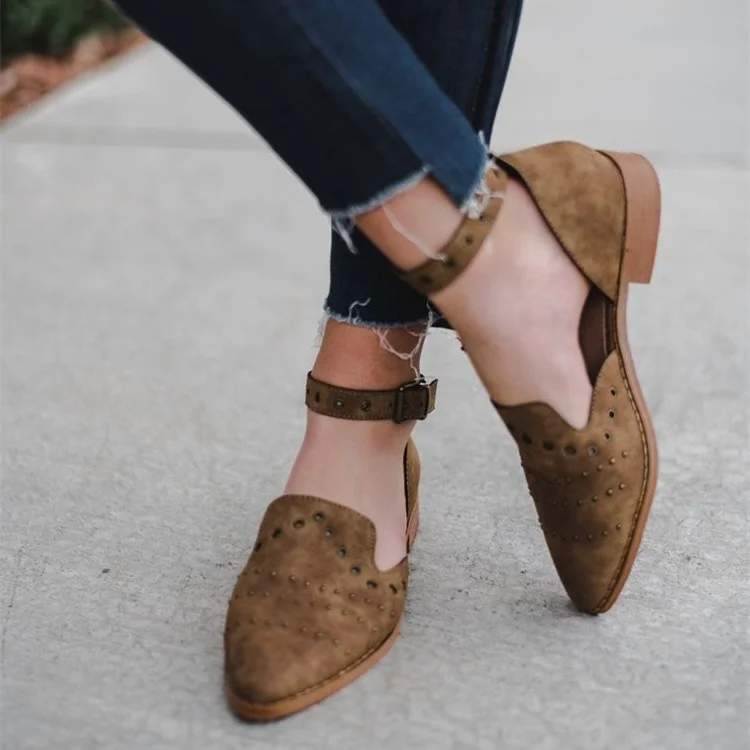 Brown Suede Hollow Out Studs Ankle Strap Loafers Vdcoo