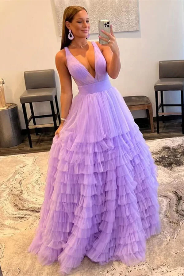 Lvs&Broner Elegant Deep V Neck Tulle Layers Prom Dress With Sleeveless Online