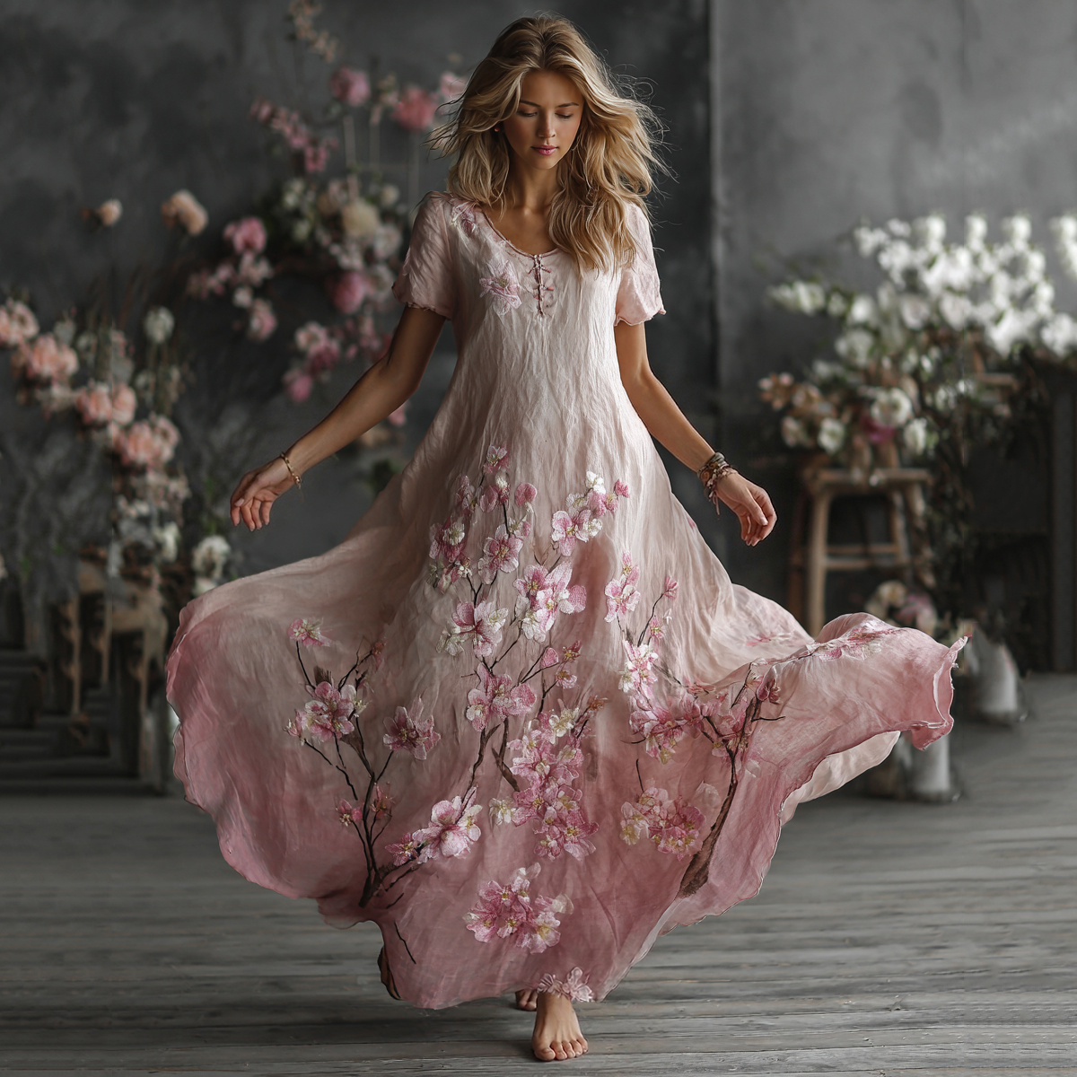 Women's Beautifully Embroidered Floral Gradient Print Maxi Dress elevenforest